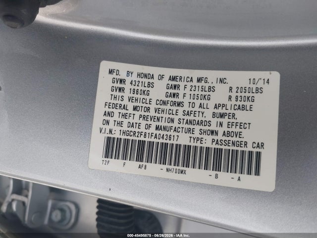 45495875 :رقم المزاد ، 1HGCR2F81FA043617 vin ، 2015 Honda Accord Ex-l مزاد بيع
