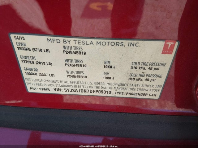 Aukcja sprzedaży 2013 Tesla Model S, vin: 5YJSA1DN7DFP09310, numer aukcji: 45495898