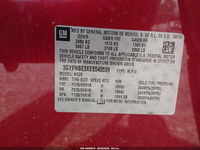 45495918 :رقم المزاد ، 3GYFNBE3XES540539 vin ، 2014 Cadillac Srx Luxury Collection مزاد بيع