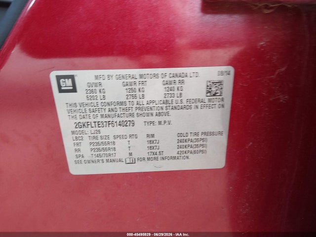Aukcja sprzedaży 2015 Gmc Terrain Slt-2, vin: 2GKFLTE37F6140279, numer aukcji: 45495929