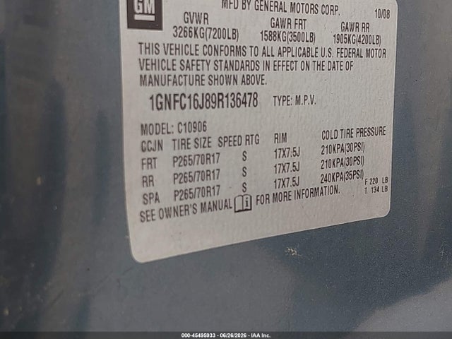 Aukcja sprzedaży 2009 Chevrolet Suburban 1500 Ls, vin: 1GNFC16J89R136478, numer aukcji: 45495933