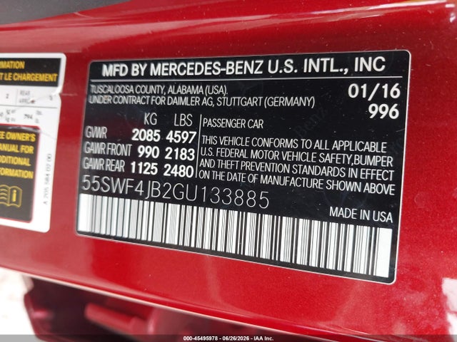 45495978 :رقم المزاد ، 55SWF4JB2GU133885 vin ، 2016 Mercedes-benz C 300 مزاد بيع