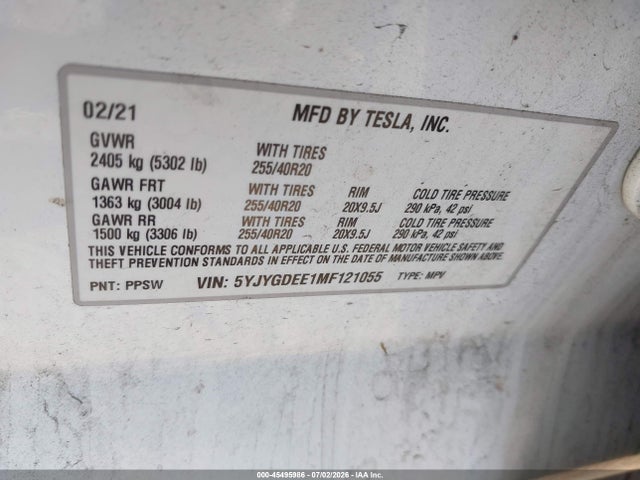 Продажа на аукционе авто 2021 Tesla Model Y Long Range Dual Motor All-wheel Drive, vin: 5YJYGDEE1MF121055, номер лота: 45495986