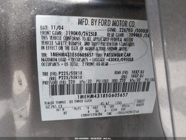45495990 :رقم المزاد ، 1MEHM43185G605657 vin ، 2005 Mercury Montego Premier مزاد بيع