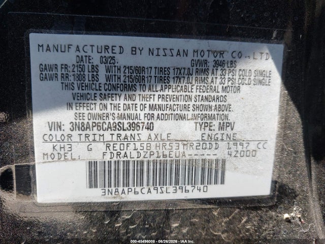 Aukcja sprzedaży 2025 Nissan Kicks Sv Fwd, vin: 3N8AP6CA9SL396740, numer aukcji: 45496008