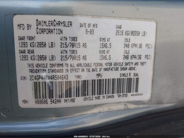 45496034 :رقم المزاد ، 2C4GP44RX4R504643 vin ، 2004 Chrysler Town & Country Lx مزاد بيع