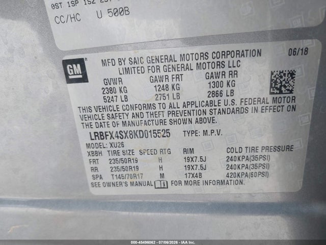 45496062 :رقم المزاد ، LRBFX4SX8KD015525 vin ، 2019 Buick Envision Awd Premium Ii مزاد بيع