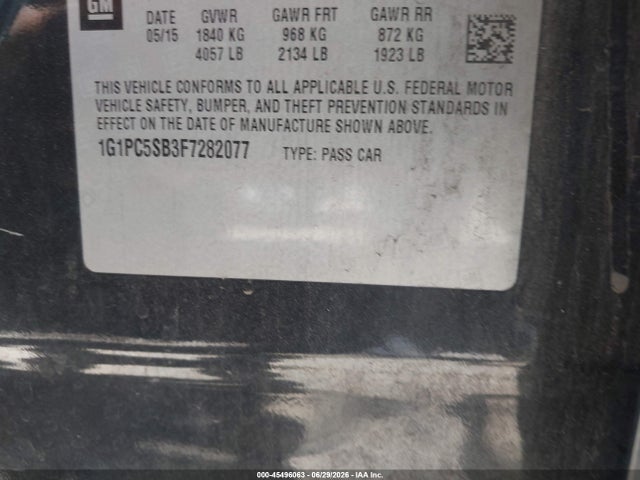 45496063 :رقم المزاد ، 1G1PC5SB3F7282077 vin ، 2015 Chevrolet Cruze 1lt Auto مزاد بيع
