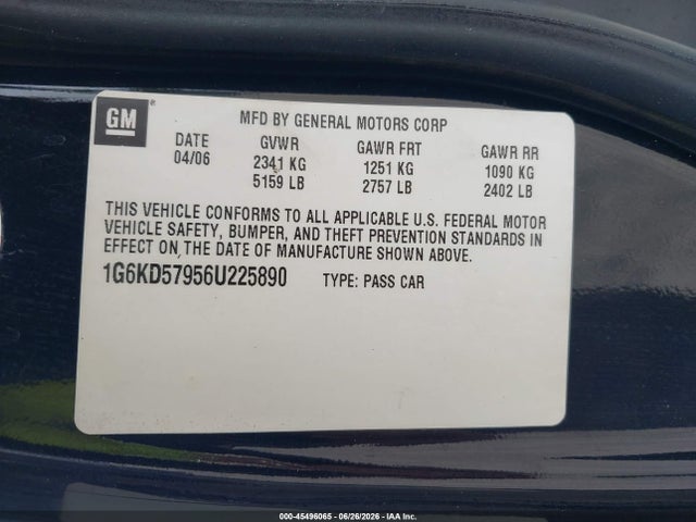 Продаж на аукціоні авто 2006 Cadillac Dts 1se, vin: 1G6KD57956U225890, номер лоту: 45496065