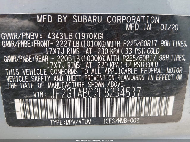 Продажа на аукционе авто 2020 Subaru Crosstrek, vin: JF2GTABC2L8234537, номер лота: 45496074