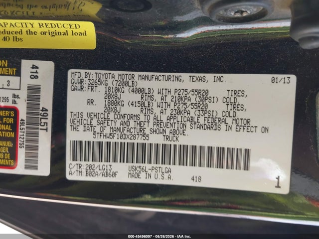 Aukcja sprzedaży 2013 Toyota Tundra Platinum 5.7l V8, vin: 5TFHW5F10DX287755, numer aukcji: 45496097