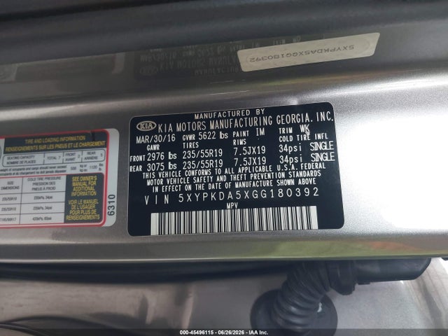 5XYPKDA5XGG180392 KIA Sorento 3.3l Sxl