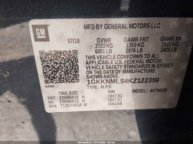 Aukcja sprzedaży 2019 Gmc Acadia Slt-1, vin: 1GKKNMLS4KZ122359, numer aukcji: 45496121