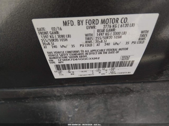 45496130 :رقم المزاد ، 1FM5K7D81GGC33262 vin ، 2016 Ford Explorer Xlt مزاد بيع