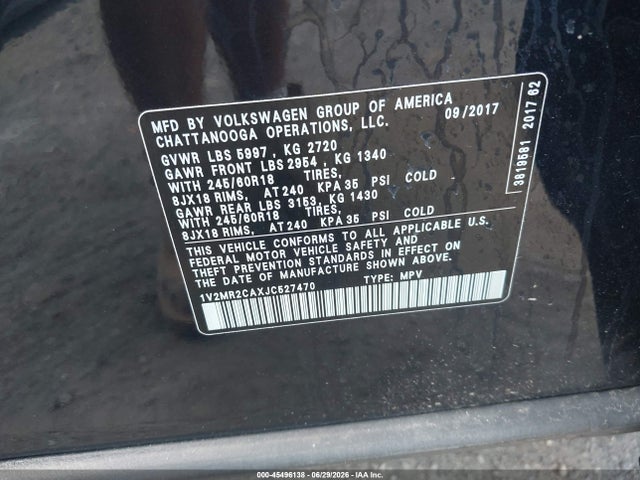 2018 Volkswagen Atlas 3.6l V6 Sel მანქანა იყიდება აუქციონზე, vin: 1V2MR2CAXJC527470, აუქციონის ნომერი: 45496138