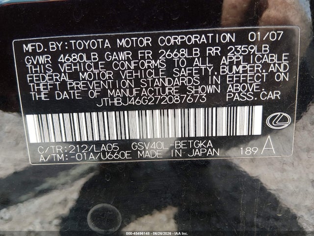 2007 Lexus Es 350 მანქანა იყიდება აუქციონზე, vin: JTHBJ46G272087673, აუქციონის ნომერი: 45496148