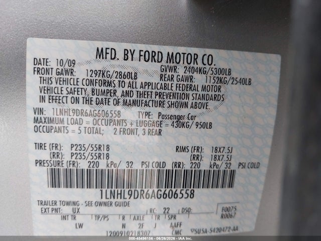 45496156 :رقم المزاد ، 1LNHL9DR6AG606558 vin ، 2010 Lincoln Mks مزاد بيع