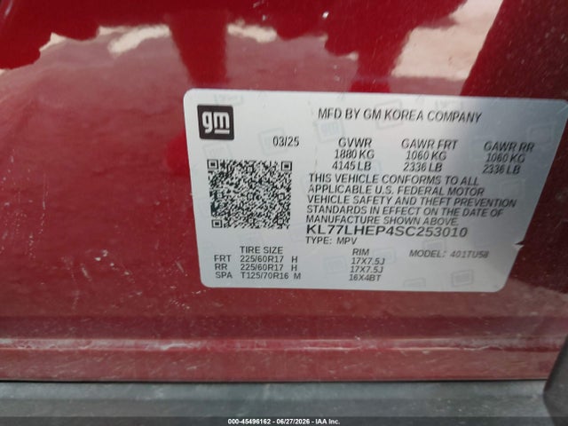 Aukcja sprzedaży 2025 Chevrolet Trax Fwd Lt, vin: KL77LHEP4SC253010, numer aukcji: 45496162