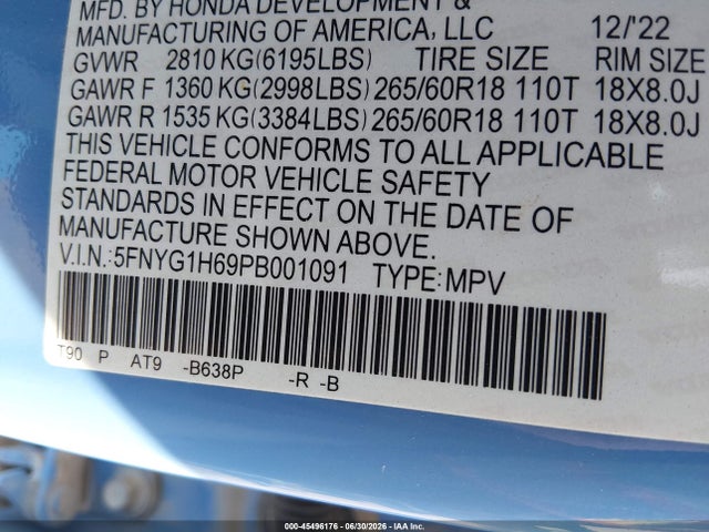 5FNYG1H69PB001091 Honda Pilot Awd Trailsport