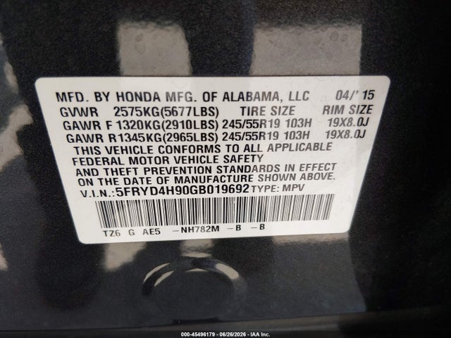 45496179 :رقم المزاد ، 5FRYD4H90GB019692 vin ، 2016 Acura Mdx Advance   Entertainment Packages/advance Package مزاد بيع