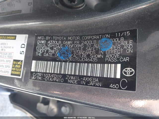 45496196 :رقم المزاد ، JTDZN3EU7GJ046435 vin ، 2016 Toyota Prius V Three مزاد بيع