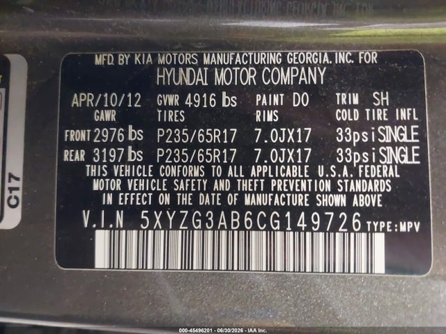 Продажа на аукционе авто 2012 Hyundai Santa Fe Gls, vin: 5XYZG3AB6CG149726, номер лота: 45496201