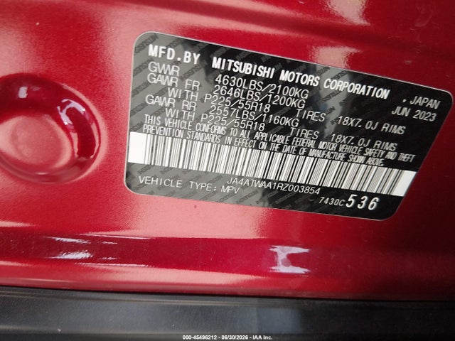 2024 Mitsubishi Eclipse Cross Sel S-awc მანქანა იყიდება აუქციონზე, vin: JA4ATWAA1RZ003854, აუქციონის ნომერი: 45496212