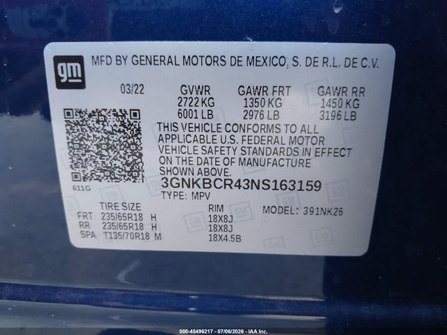 3GNKBCR43NS163159 Chevrolet Blazer Fwd 2lt