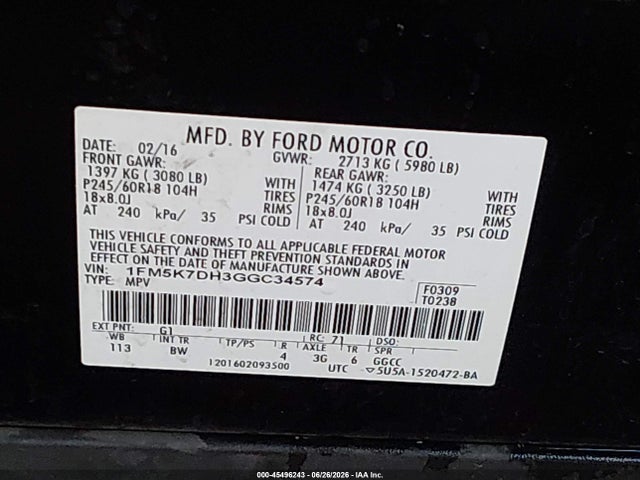 Ford EXPLORER XLT 2016 1FM5K7DH3GGC34574 Image 9