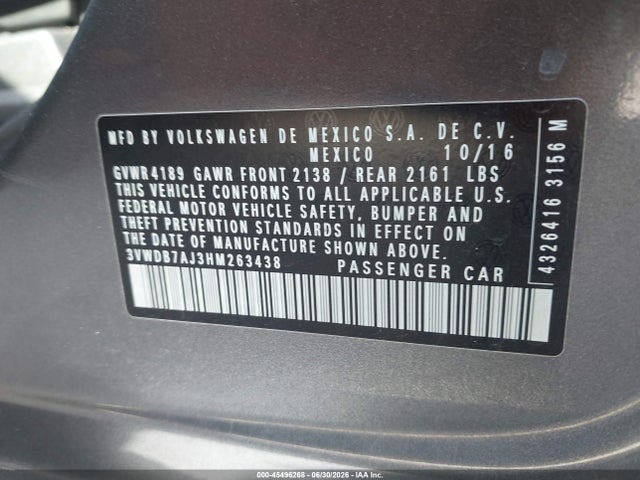2017 Volkswagen Jetta 1.4t Se მანქანა იყიდება აუქციონზე, vin: 3VWDB7AJ3HM263438, აუქციონის ნომერი: 45496268