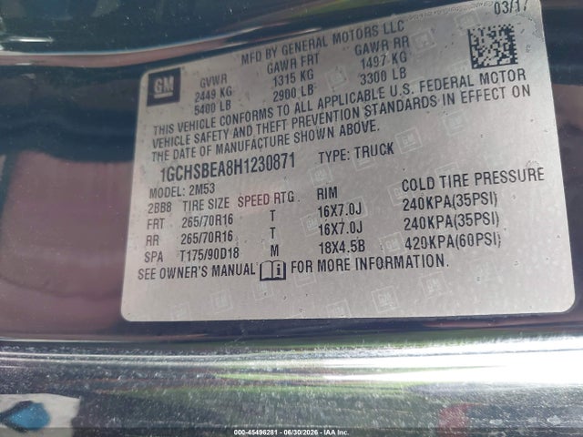 Chevrolet Colorado 2wd Wt 2017 1GCHSBEA8H1230871 Image 9