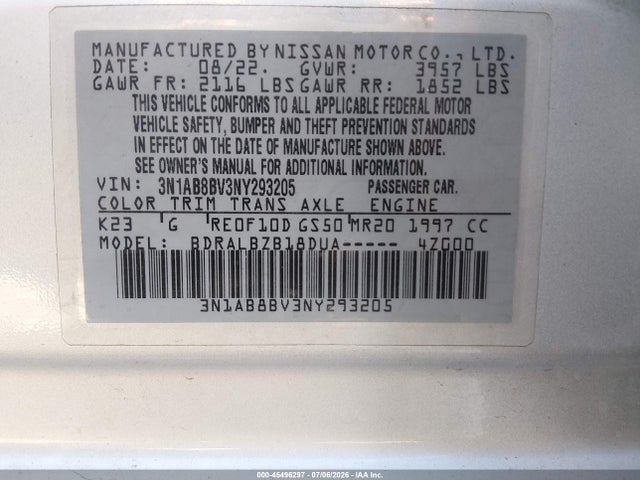 3N1AB8BV3NY293205 Nissan Sentra S Xtronic Cvt