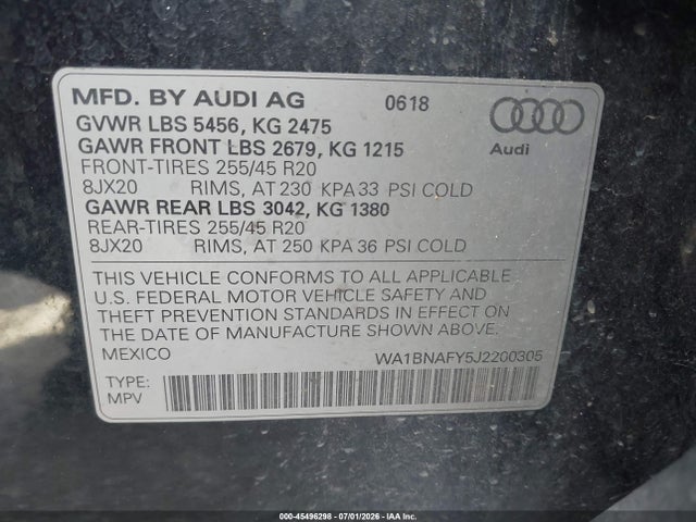 45496298 :رقم المزاد ، WA1BNAFY5J2200305 vin ، 2018 Audi Q5 2.0t Premium/2.0t Tech Premium مزاد بيع