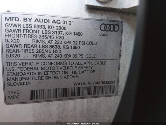 WA1AJAF76MD028292 Audi Q7 Premium 45 Tfsi Quattro Tiptronic