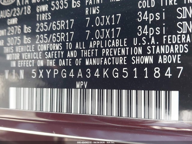 5XYPG4A34KG511847 KIA Sorento 2.4l Lx