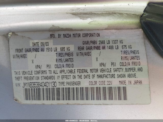 45496322 :رقم المزاد ، JM1NB353840401130 vin ، 2004 Mazda Mx-5 Miata Ls مزاد بيع