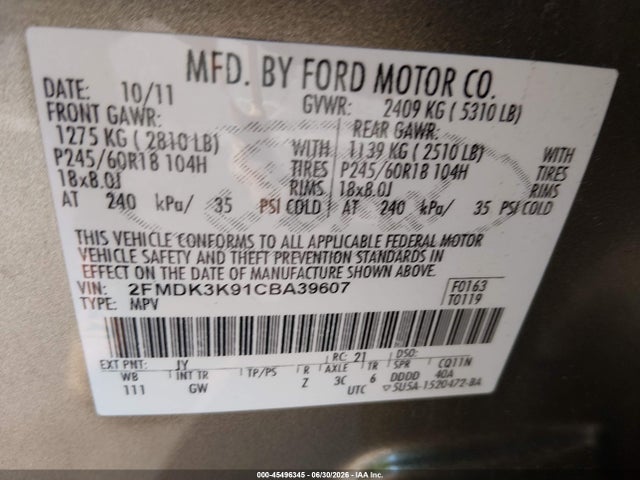 Продаж на аукціоні авто 2012 Ford Edge Limited, vin: 2FMDK3K91CBA39607, номер лоту: 45496345
