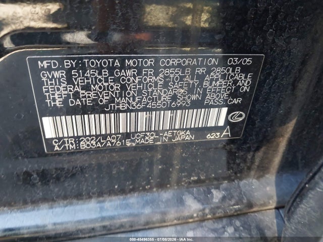2005 Lexus Ls 430 მანქანა იყიდება აუქციონზე, vin: JTHBN36F455016993, აუქციონის ნომერი: 45496355