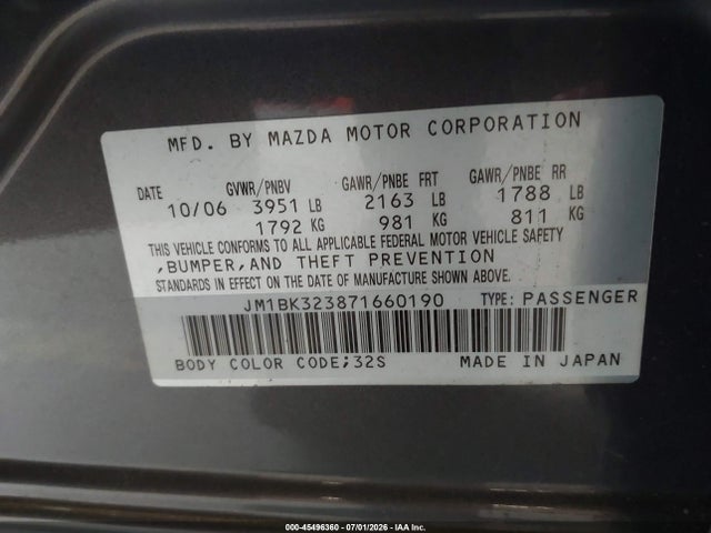 Aukcja sprzedaży 2007 Mazda Mazda3 S Touring, vin: JM1BK323871660190, numer aukcji: 45496360