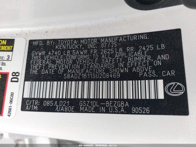 45496362 :رقم المزاد ، 58ADZ1B11SU208469 vin ، 2025 Lexus Es 350 مزاد بيع