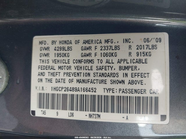 45496363 :رقم المزاد ، 1HGCP26489A166452 vin ، 2009 Honda Accord 2.4 Lx-p مزاد بيع
