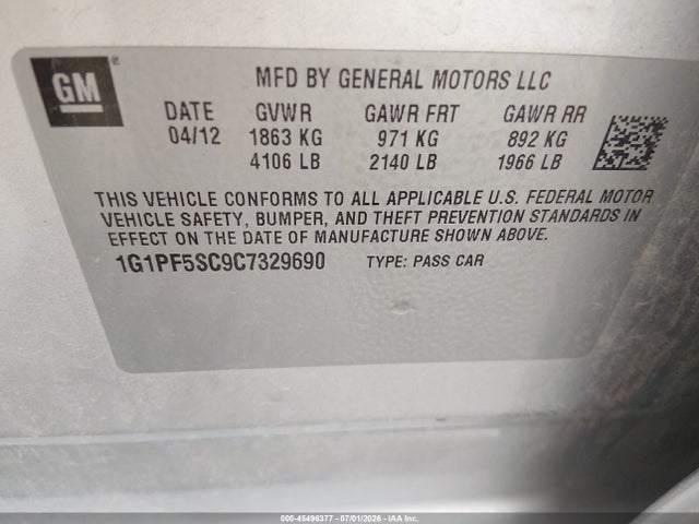 45496377 :رقم المزاد ، 1G1PF5SC9C7329690 vin ، 2012 Chevrolet Cruze 1lt مزاد بيع