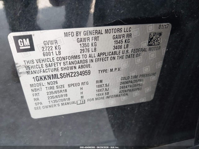 Aukcja sprzedaży 2017 Gmc Acadia Slt-1, vin: 1GKKNMLS6HZ234959, numer aukcji: 45496388