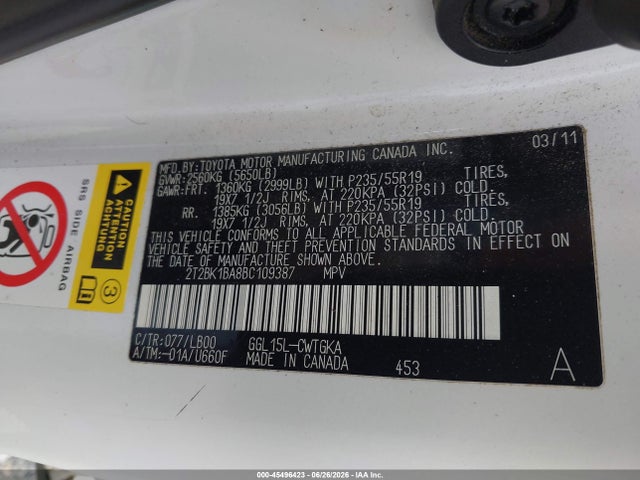 Aukcja sprzedaży 2011 Lexus Rx 350, vin: 2T2BK1BA8BC109387, numer aukcji: 45496423