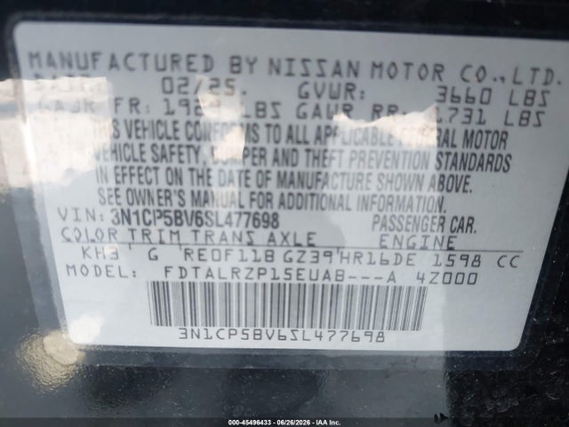 45496433 :رقم المزاد ، 3N1CP5BV6SL477698 vin ، 2025 Nissan Kicks Play S مزاد بيع