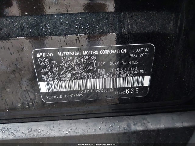 45496435 :رقم المزاد ، JA4J4VA88NZ030547 vin ، 2022 Mitsubishi Outlander مزاد بيع