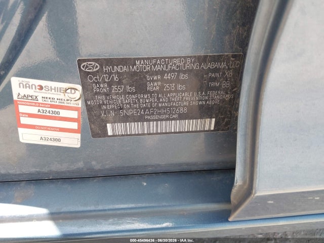 45496436 :رقم المزاد ، 5NPE24AF2HH512688 vin ، 2017 Hyundai Sonata Se مزاد بيع
