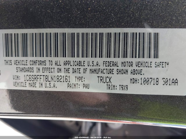 45496440 :رقم المزاد ، 1C6SRFFT8LN182161 vin ، 2020 Ram 1500 Big Horn  4x4 5'7 Box مزاد بيع