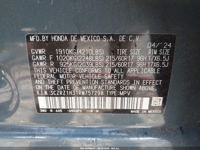 Auction sale of the 2024 Honda Hr-v 2wd Lx, vin: 3CZRZ1H31RM757298, lot number: 45496445