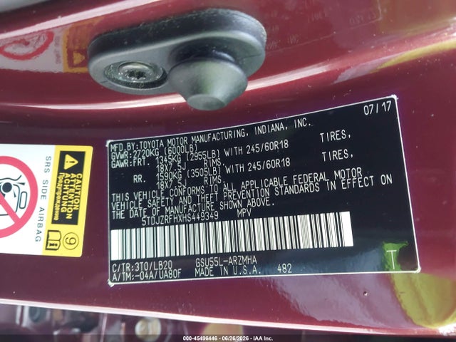 Toyota Highlander Xle 2017 5TDJZRFHXHS449349 Image 9